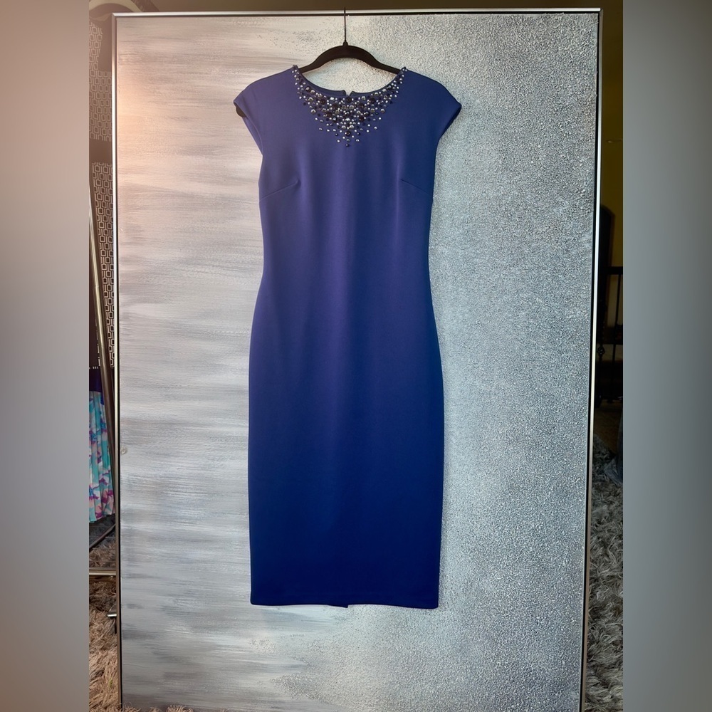 Maggy London Blue Embellished Sheath Midi Dress